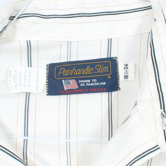 🇺🇸 VTG Panhandle Slim 16.5x34 Pearl Snap Poly-Cotton Ivory Black & Gold Stripe - Picture 5 of 6